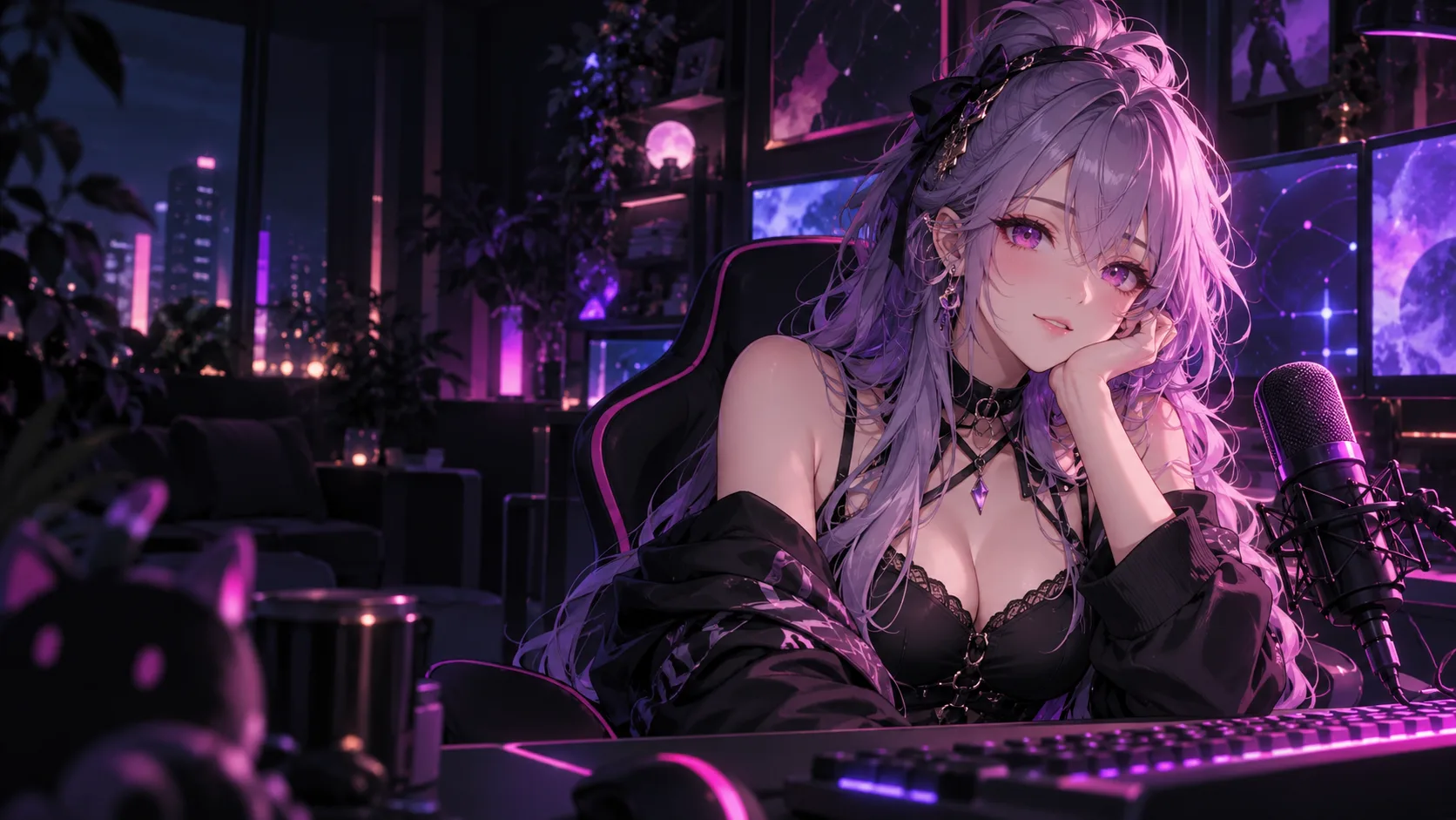 Anime-style VTuber avatar broadcasting from a violet-lit streaming studio